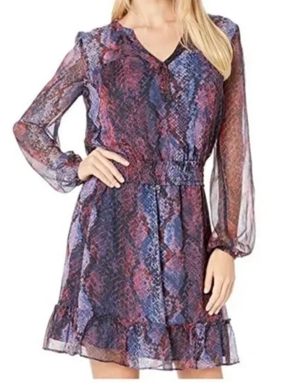 Parker Snakeskin Print Silk Mini Dress Ruffle Hem Sheer Long Sleeves XS